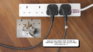 Malta’da kullanılan İngiliz tipi priz adaptörü